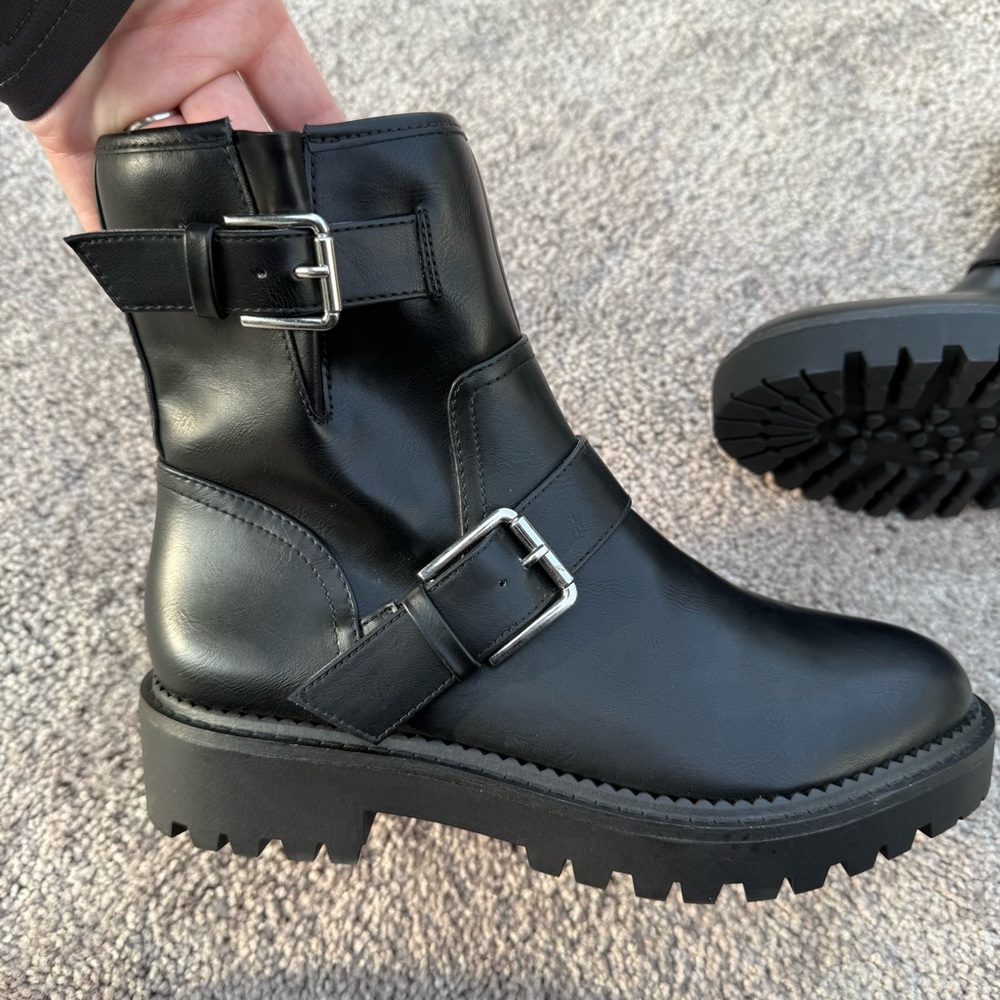NEW Nordstrom Black Combat Boots with Buckle Detail